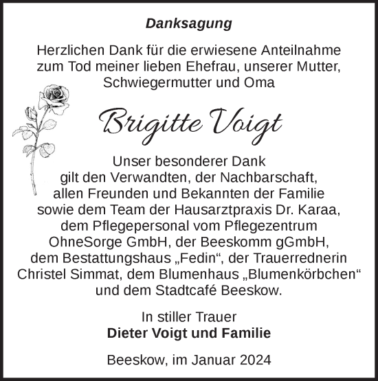 Traueranzeige von Brigitte Voigt von Märkische Oderzeitung