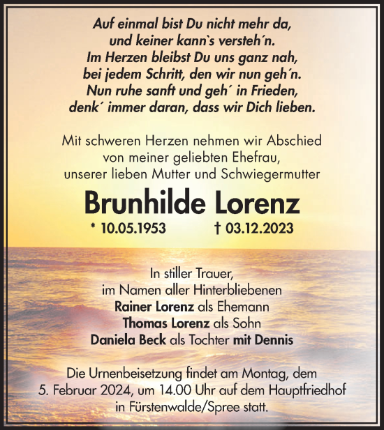 Traueranzeige von Brunhilde Lorenz von Märkische Oderzeitung