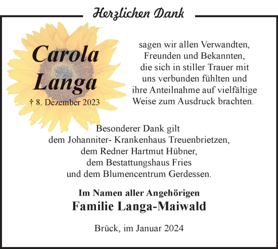 Traueranzeige von Carola Langa von Märkische Oderzeitung