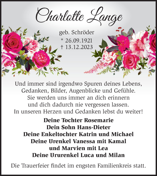 Traueranzeige von Charlotte Lange von Märkische Oderzeitung