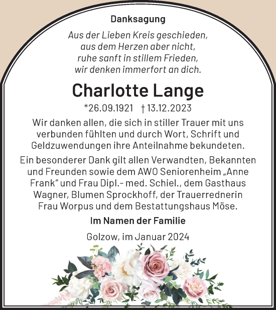 Traueranzeige von Charlotte Lange von Märkische Oderzeitung