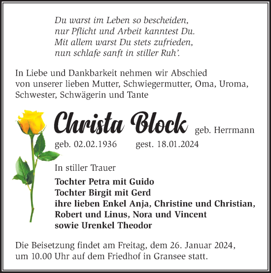 Traueranzeige von Christa Block von Märkische Oderzeitung