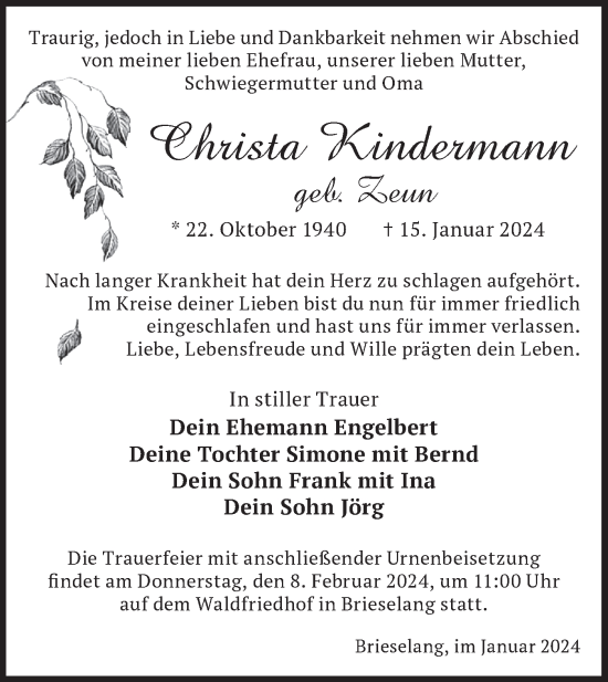 Traueranzeige von Christa Kindermann von Märkische Oderzeitung