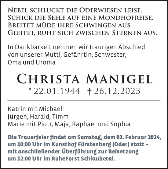 Traueranzeige von Christa Manigel von Märkische Oderzeitung