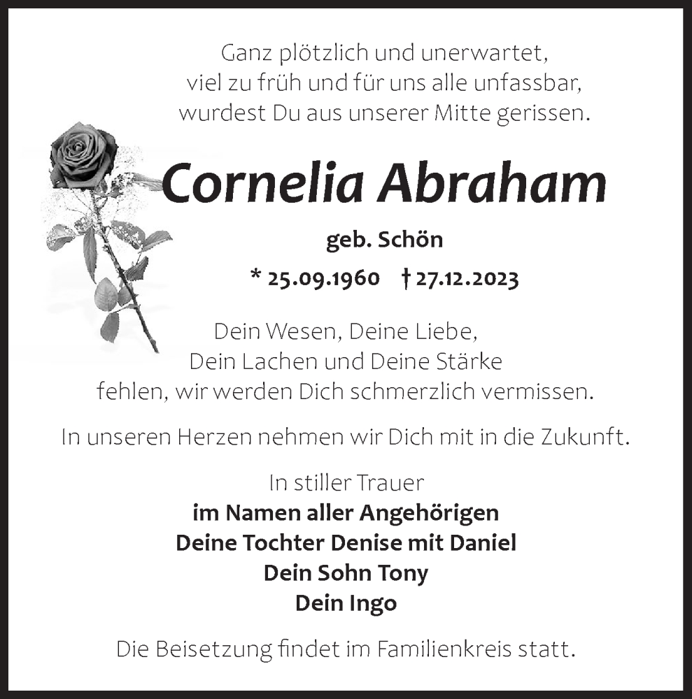  Traueranzeige für Cornelia Abraham vom 13.01.2024 aus Märkische Oderzeitung