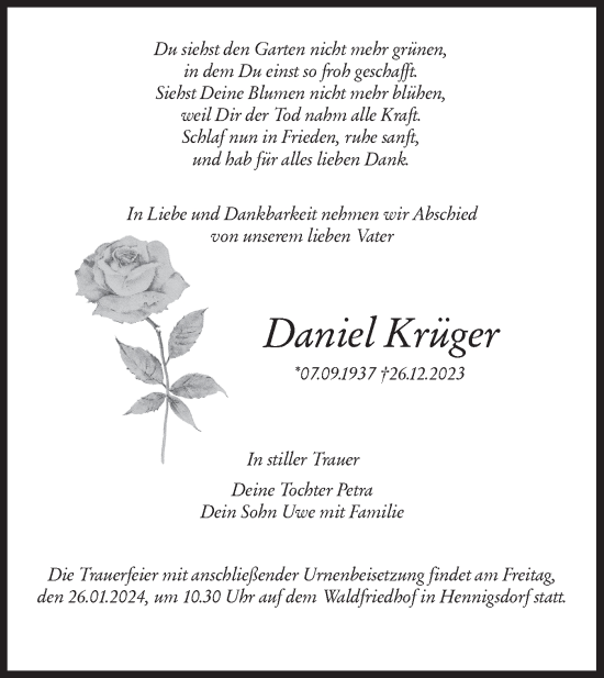 Traueranzeige von Daniel Krüger von Märkische Oderzeitung