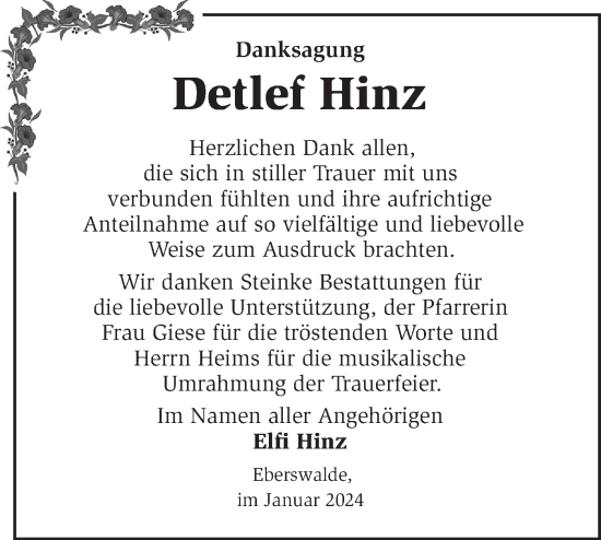Traueranzeige von Detlef Hinz von Märkische Oderzeitung