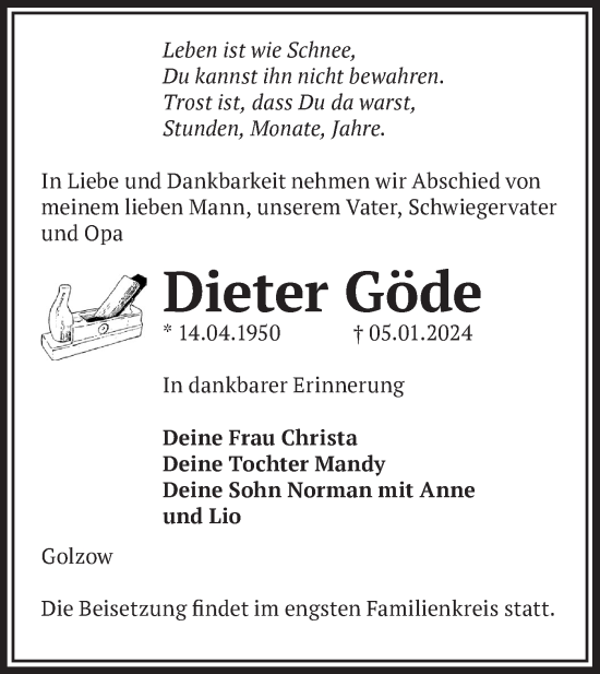 Traueranzeige von Dieter Göde von Märkische Oderzeitung