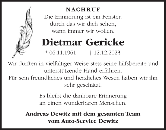 Traueranzeige von Dietmar Gericke von Märkische Oderzeitung