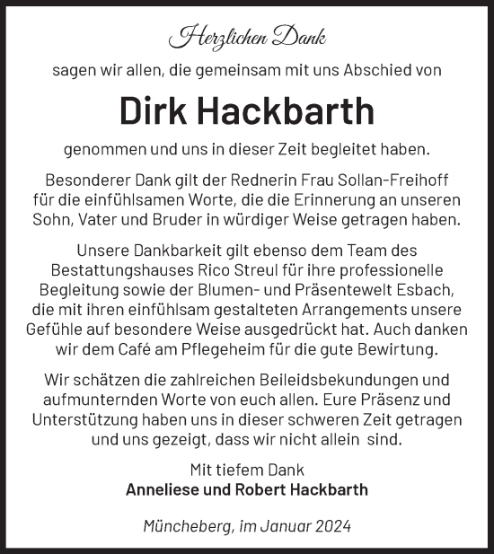 Traueranzeige von Dirk Hackbarth von Märkische Oderzeitung