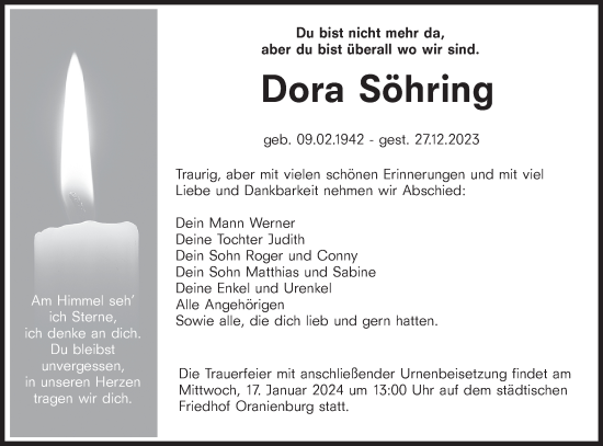 Traueranzeige von Dora Söhring von Märkische Oderzeitung