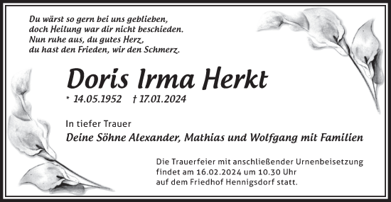 Traueranzeige von Doris Irma Herkt von Märkische Oderzeitung