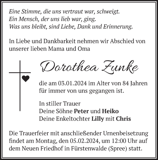 Traueranzeige von Dorothea Zunke von Märkische Oderzeitung