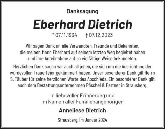 Traueranzeige von Eberhard Dietrich von Märkische Oderzeitung