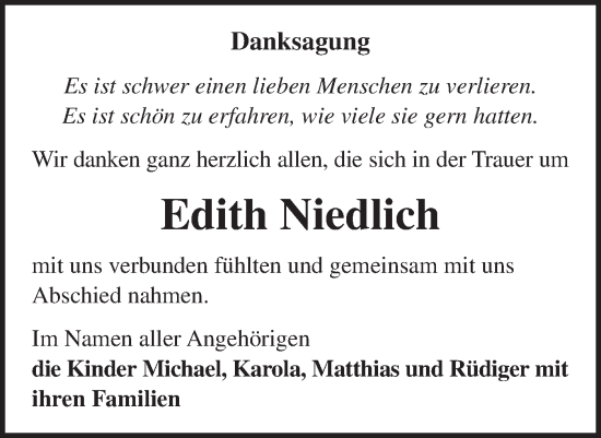 Traueranzeige von Edith Niedlich von Märkische Oderzeitung