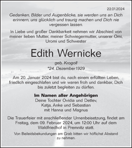 Traueranzeige von Edith Wernicke von Märkische Oderzeitung