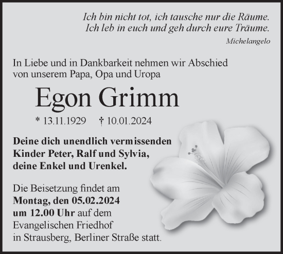 Traueranzeige von Egon Grimm von Märkische Oderzeitung