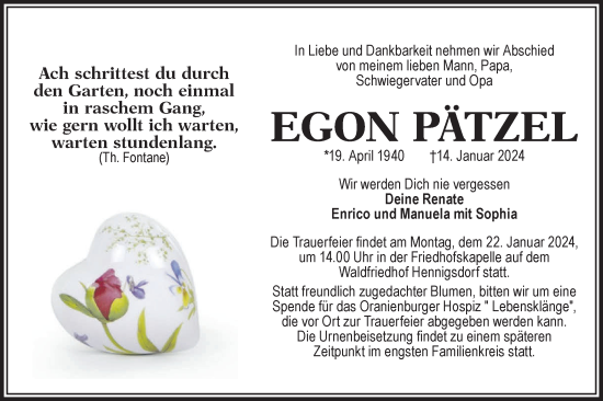 Traueranzeige von Egon Pätzel von Märkische Oderzeitung