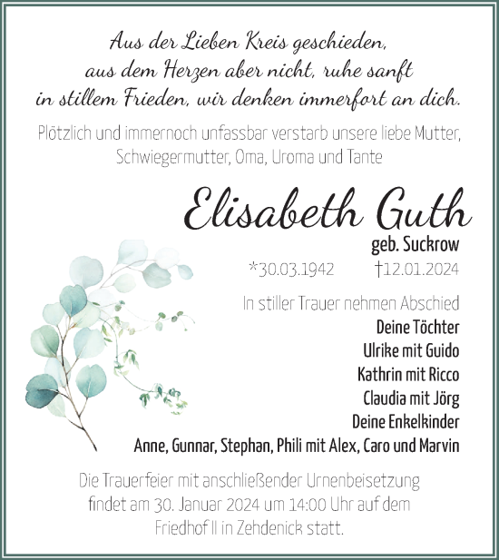 Traueranzeige von Elisabeth Guth von Märkische Oderzeitung