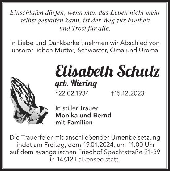 Traueranzeige von Elisabeth Schulz von Märkische Oderzeitung