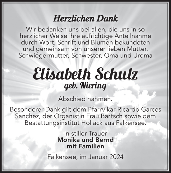 Traueranzeige von Elisabeth Schulz von Märkische Oderzeitung