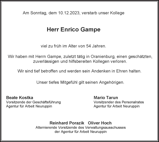 Traueranzeige von Enrico Gampe von Märkische Oderzeitung