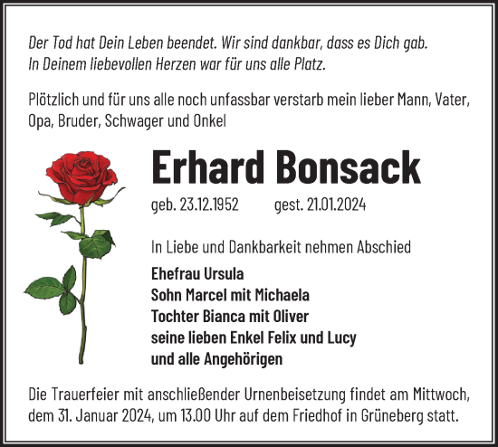 Traueranzeige von Erhard Bonsack von Märkische Oderzeitung