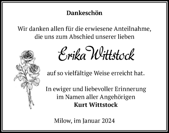 Traueranzeige von Erika Wittstock von Märkische Oderzeitung