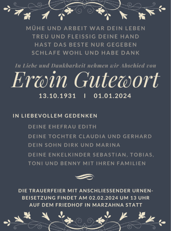 Traueranzeige von Erwin Gutewort von Märkische Oderzeitung