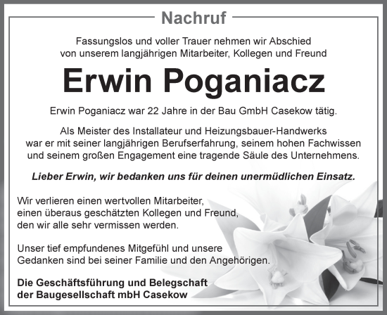 Traueranzeige von Erwin Poganiacz von Märkische Oderzeitung