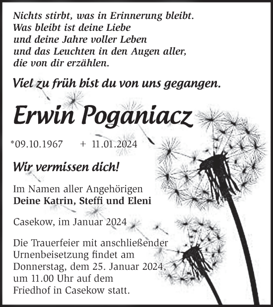 Traueranzeige von Erwin Poganiacz von Märkische Oderzeitung