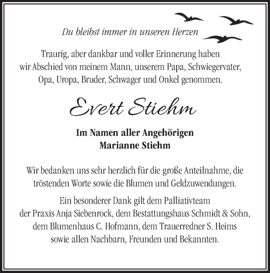 Traueranzeige von Evert Stiehm von Märkische Oderzeitung