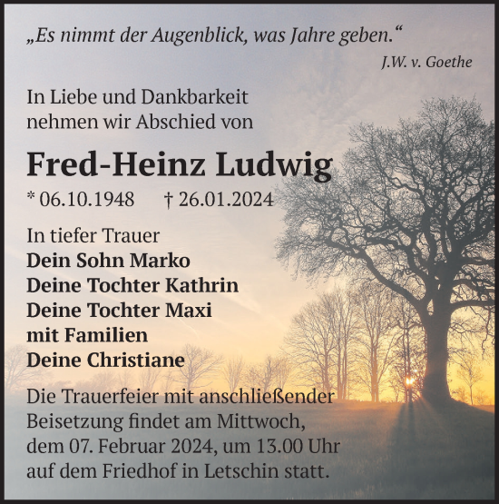 Traueranzeige von Fred-Heinz Ludwig von Märkische Oderzeitung