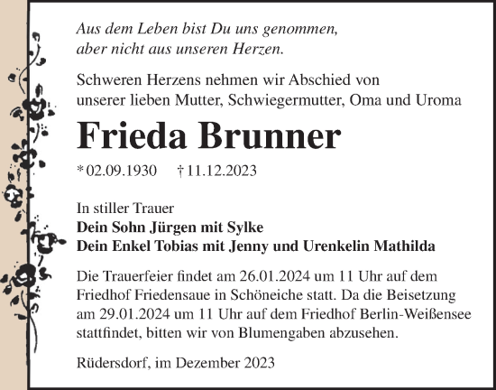 Traueranzeige von Frieda Brunner von Märkische Oderzeitung