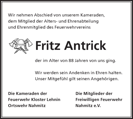 Traueranzeige von Fritz Antrick von Märkische Oderzeitung