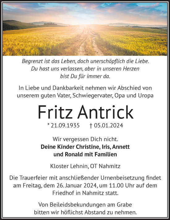 Traueranzeige von Fritz Antrick von Märkische Oderzeitung