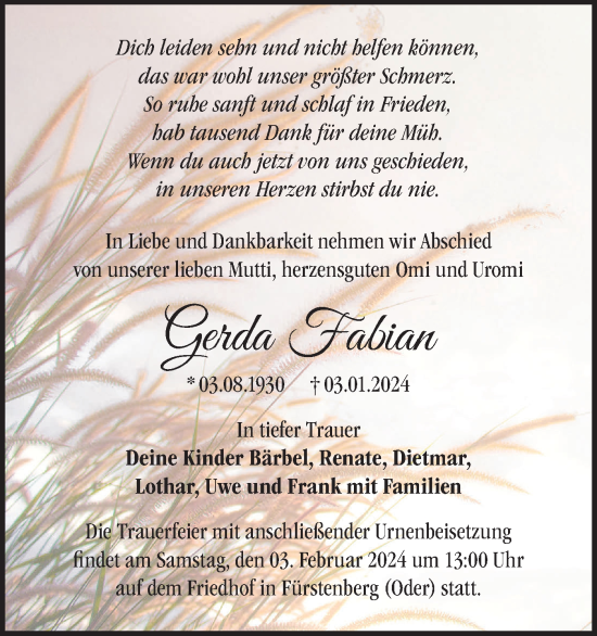 Traueranzeige von Gerda Fabian von Märkische Oderzeitung