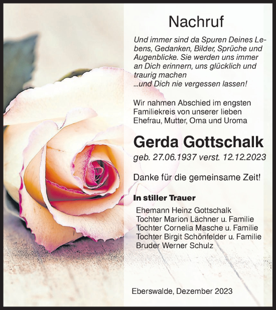 Traueranzeige von Gerda Gottschalk von Märkische Oderzeitung