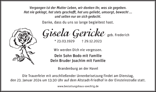 Traueranzeige von Gisela Gericke von Märkische Oderzeitung