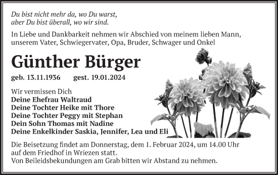 Traueranzeige von Günther Bürger von Märkische Oderzeitung