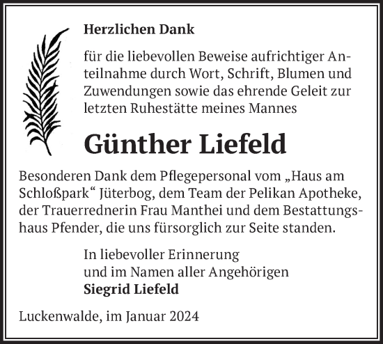 Traueranzeige von Günther Liefeld von Märkische Oderzeitung