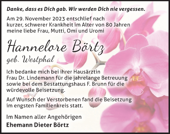 Traueranzeige von Hannelore Börtz von Märkische Oderzeitung