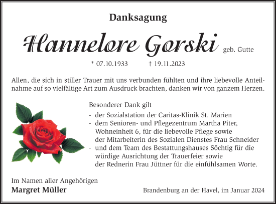 Traueranzeige von Hannelore Gorski von Märkische Oderzeitung