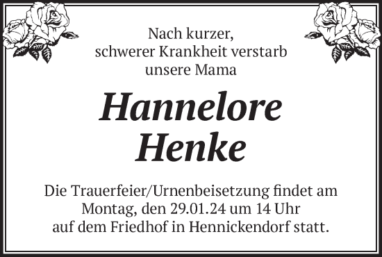 Traueranzeige von Hannelore Henke von Märkische Oderzeitung