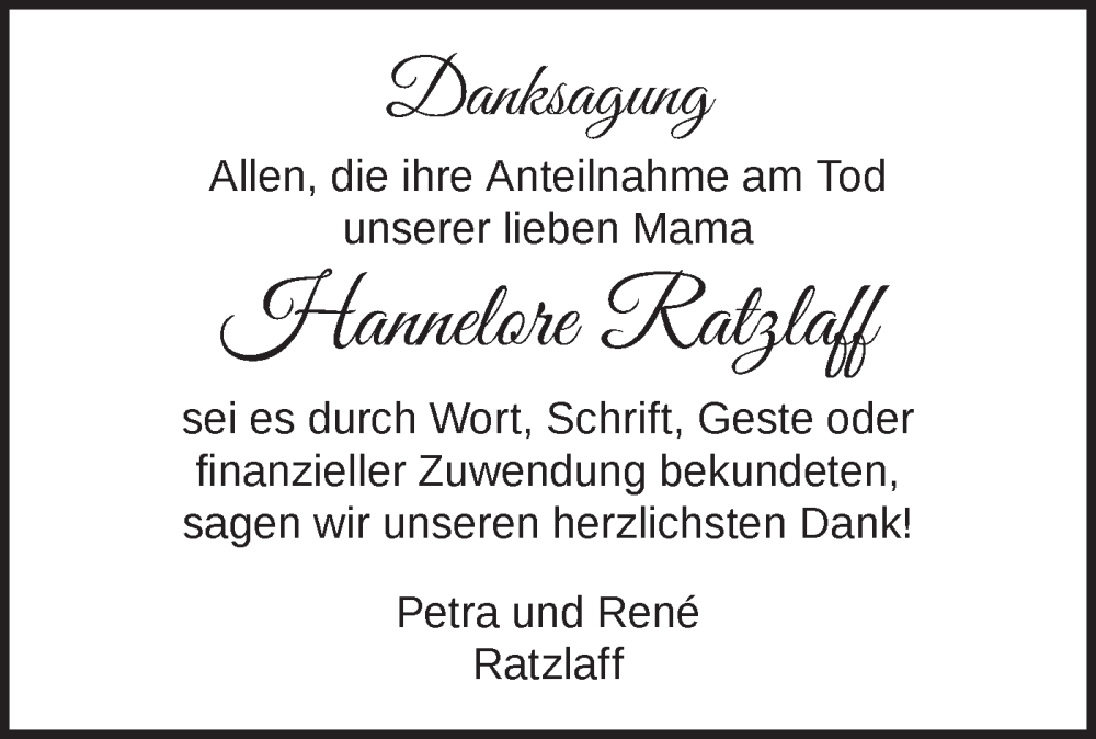  Traueranzeige für Hannelore Ratzlaff vom 06.01.2024 aus Märkische Oderzeitung