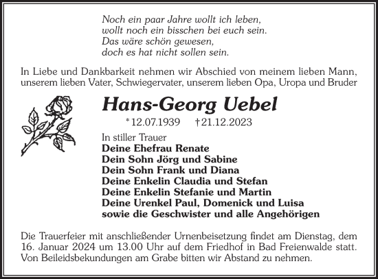 Traueranzeige von Hans-Georg Uebel von Märkische Oderzeitung