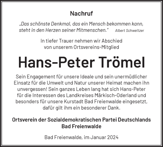 Traueranzeige von Hans-Peter Trömel von Märkische Oderzeitung