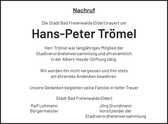 Traueranzeige von Hans-Peter Trömel von Märkische Oderzeitung