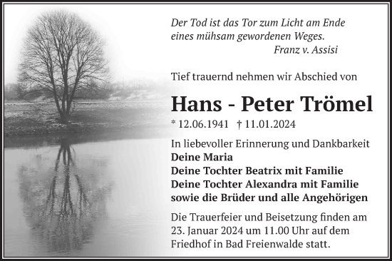 Traueranzeige von Hans-Peter Trömel von Märkische Oderzeitung