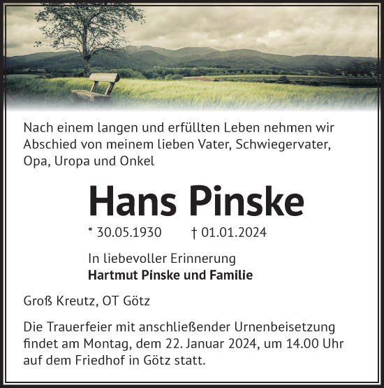 Traueranzeige von Hans Pinske von Märkische Oderzeitung